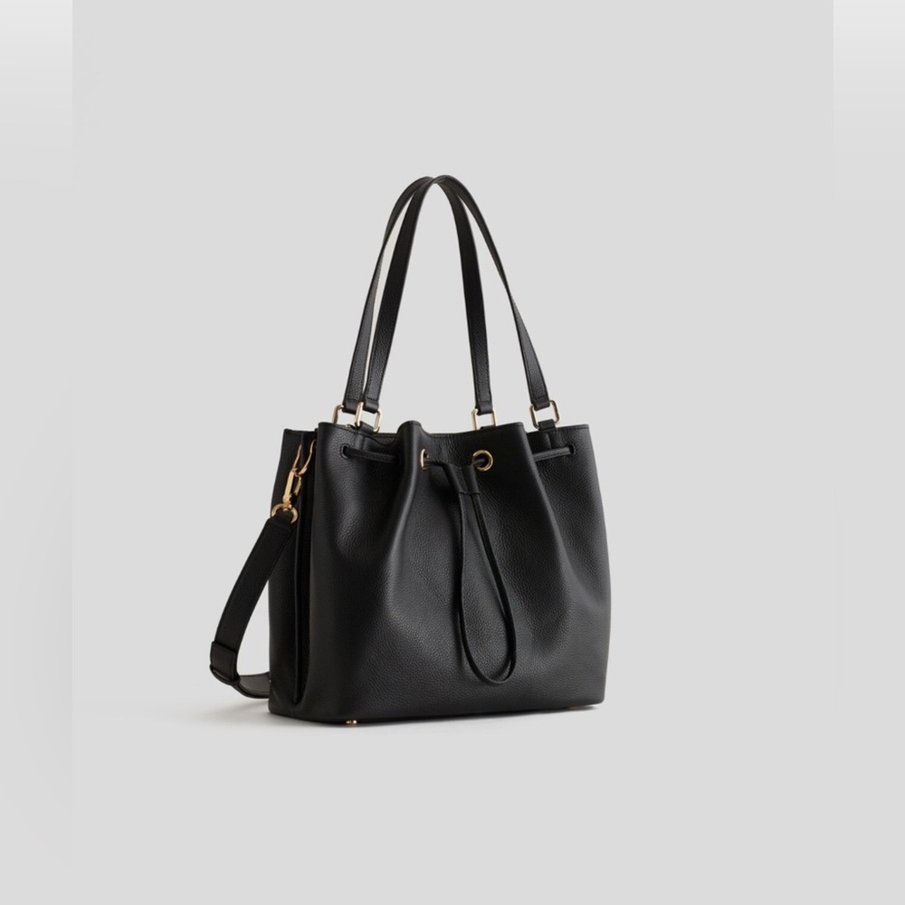 Quince Italian Leather Triple Compartment Bucket Bag Black NWT